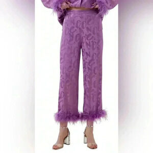 Nocturne Purple Sateen Faux Fur Trim Pants Size Large NWT